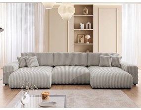 Világosszürke kordbársony kinyitható-tárolóhelyes (U alakú) sarokkanapé Sarina – Ropez