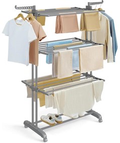 Összecsukható 4 szintes ruhaszárító állvány, mozgatható, 64 x 126 x 172 cm, rozsdamentes acél, lehajtható szárnyakkal, szürke