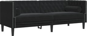 vidaXL 3 személyes fekete bársony Chesterfield kanapé hengerpárnákkal