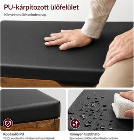 Cipőpad párnázott ülőfelülettel, 3 nyitott rekesszel és rejtett tárolóhellyel, 80 x 30 x 44 cm, 150 kg teherbírással, rusztikus barna