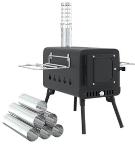 fekete acél sátorkályha kéménnyel és összecsukható lábakkal