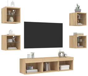 7 darab füstös tölgy színű szerelt fa TV-bútor LED-del