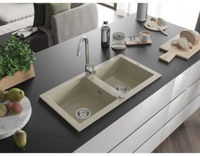 Mexen Mario, 2 kamrás gránit mosogató 820x436x161 mm és Telma króm mosogató csaptelep, bézs, 6504-69-670200-00
