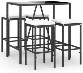 5 részes fekete polyrattan kerti bárszett párnával