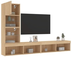 4 darab füstös tölgy színű szerelt fa TV-bútor LED-del