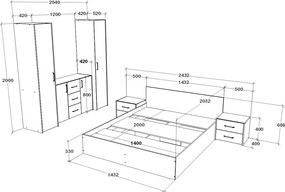 Malmo V5 hálószoba szett 140 x 200 cm-es ággyal, Fehér tölgy / Antracit