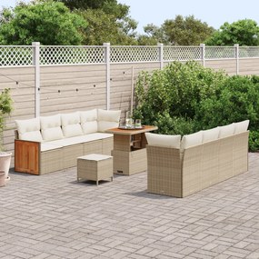 11 Részes Kerti Sofa Szett Párnákkal Bézs Poli Rattan Akáciával