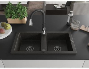 Mexen Mario, 2-kamrás gránit mosogató 820x436x161 mm és Savita mosogató csaptelep, fekete-arany metál, 6504-75-672601-70-B