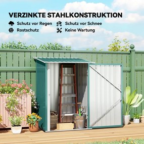 Outsunny fém kerti fészer, szerszámoskamra nyitott tetővel, zárható ajtóval, kültéri használatra, 100x103x160 cm, zöld