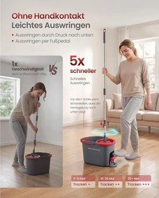 SONGMICS forgófejes felmosó készlet pedálos vödörrel, 4 huzattal, szürke-piros