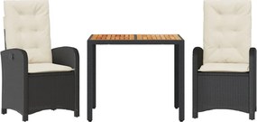 vidaXL 3 részes fekete polyrattan kerti étkezőgarnitúra párnákkal