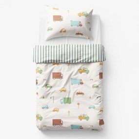 Goldea gyermek pamut ágyneműhuzat - az autók világa, zsálya színű csíkos hátoldal 150 x 200 és 50 x 60 cm