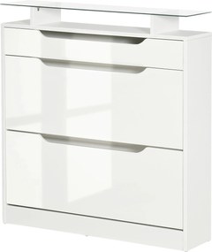 HOMCOM 2-ajtós Cipőtároló Keskeny Cipőszekrény 16 Pár Cipőnek Fiókkal, Nyitott Polccal és Üveg Toppal Előtérbe 89x23x96 cm Fehér | Aosom