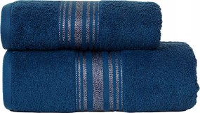 Puha, sötétkék törölköző 70x140 cm, ezüst bordűrrel, 100% pamut