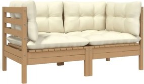 Kerti Kanapé 2 személyes, krémszínű párnákkal, fenyőfa