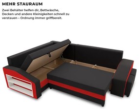 Grande sarokkanapé polcokkal és puffokkal , polc a bal karfaban puffok a jobb karfaban, baloldali, szövet anyag, hab töltet, fekete - piros