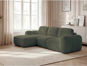 Zöld buklé kinyitható-tárolóhelyes sarokkanapé (bal oldali-heverő résszel) Montaigne – Bobochic Paris