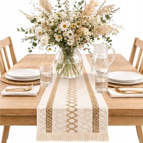 Asztalterítő Boho krémszínű Bézs Rusztikus bézs 37x180 hosszú, Rojtokkal