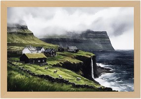 Poszter Keret Fa Tájkép Feröer-szigetek Település Házak Vízesés Hegyek 60x40