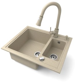 Gránit mosogató NERO Arriva + kihúzható zuhanyfejes Snake csaptelep + adagoló + dugókiemelő (bézs)