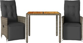 vidaXL 3 részes szürke polyrattan kerti bisztrógarnitúra párnákkal