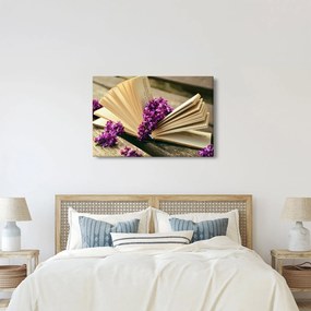 Kép egy könyvröl és a lila virágok (90x60 cm)