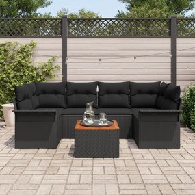 7 darabos kert kanapé szett párnákkal fekete poli rattan akác, 2-fős kert kanapé tárolóval és párnákkal fekete poli rattan