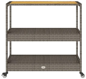 3 szintes szürke polyrattan és tömör akácfa zsúrkocsi