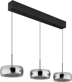 Globo 16058-3 Függesztett lámpa, fém matt fekete, üveg füstszínű, műanyag fehér, kábel PVC fekete, HxSzxM: 850x200x1200mm, magassága állítható 30–120 cm-ig, tartozék: LED 30W 230V, 3000lm forrás, 2400lm kimenet, 3000K