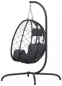 antracitszürke polyrattan és acél függő kagylószék párnával
