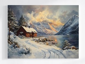 Vászonkép Canvas Tél Tájkép Kunyhó Tó Hegyek Hó Nyugat 80x60