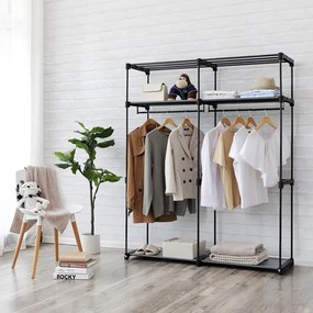 MATIS 140x174 cm szürke textil tárolószekrény polcokkal és ruharúddal