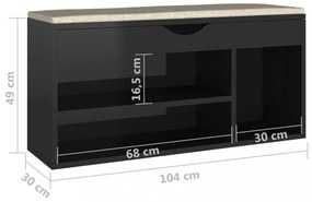 magasfényű fekete cipőtároló pad párnával 104 x 30 x 49 cm