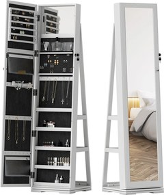 HOMCOM Álló Ékszertükrös Ékszertartó 360°-ban Forgó Ékszerláda Zárral, Hátoldali Polcokkal és Beépített Kis Tükrökkel 38x38x160 cm Fehér Mottós | Aoso