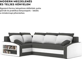 Grande sarokkanapé polcokkal , polc a bal karfaban, baloldali, szövet anyag, hab töltet, szürke - fehér