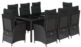 9 részes fekete polyrattan kerti étkezőgarnitúra párnákkal