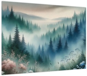 Üveg kép - Erdős táj köddel (70x50 cm)