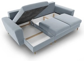 Világoskék bársony kinyitható tárolóhelyes sarokkanapé Kyoto – Cosmopolitan Design