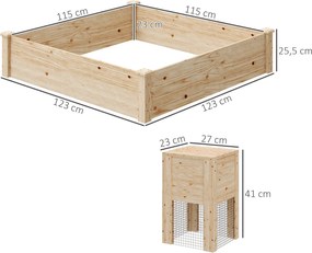 Outsunny Fából készült Virágláda, kültéri négyzet alakú emelt virágágy ásott komposztálóval, nyitott aljzattal, zöldség- és virágágyás a kert teraszon