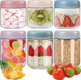 6x Reggeliző Tégelyek Joghurt Zabkása Légmentesen Záródó Fedél Overnight