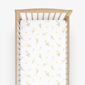 Goldea gyermek gumis pamut lepedő kiságyba - kamilla virágok 60 x 120 cm