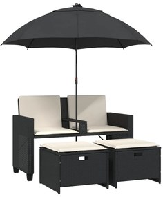 2 személyes fekete polyrattan kerti kanapé napernyővel/székkel