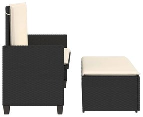 fekete polyrattan kerti pad párnákkal és lábtartóval