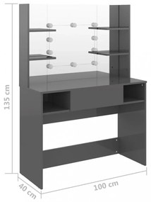 fényes szürke LED-es MDF sminkasztal 100 x 40 x 135 cm