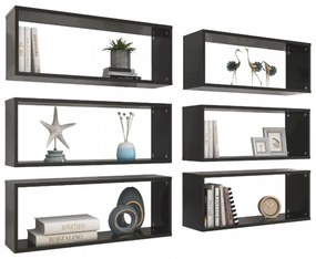 6 db fekete szerelt fa négyszögű fali polc 60 x 15 x 23 cm