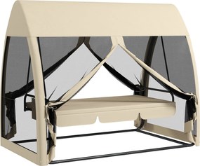 Outsunny 3 fős kertiszék hintázó, ágyba nyitható, kültéri, szúnyoghálóval, fém váz, 300 kg-ig, 240x140x197 cm bézs | Aosom