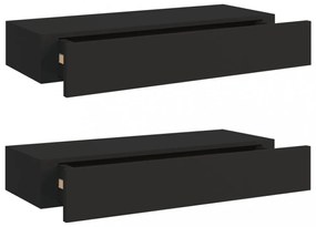 2 db fekete MDF falra szerelhető fiókos polc 60 x 23,5 x 10 cm