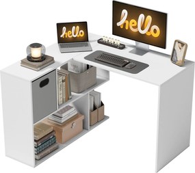 HOMCOM L-alakú sarokíróasztal, 110 x 100 x 75 cm — számítógépasztal textildobozzal és nyitott polcokkal, fehér | Aosom