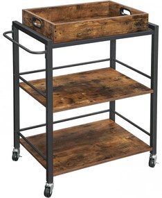Konyhai tálaló kocsi, gurulós tároló polc, rusztikus barna 65x40x86cm