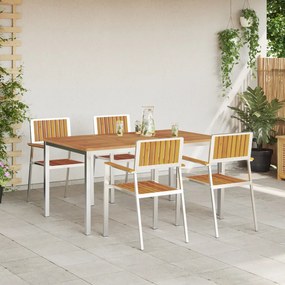 5 darabos Kert Étkező Garnitúra Tömör Akácfából, Kültéri Étkezőasztal 150x90x75 cm Tömör Akácfából, Összecsukható Kert Székek 4 db Tömör Akácfából és Fém
